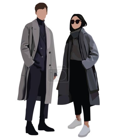Fashionable and stylish young couple in flat style isolated on white background. Beautiful guy and girl in warm clothes. Vector illustration