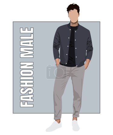 Illustration for Stylish man in flat style vector illustration. A guy in fashionable clothes on an interesting background with the inscription fashionable man. - Royalty Free Image