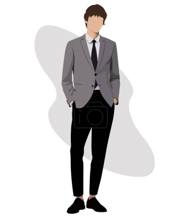 Ilustración de Elegante hombre de negocios masculino en un traje de negocios en un fondo interesante personajes masculinos de dibujos animados. Hombres con ropa de moda. Ilustración de vector de estilo plano. - Imagen libre de derechos