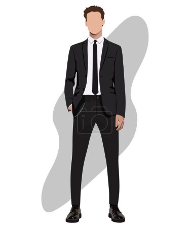 Ilustración de Elegante hombre de negocios masculino en un traje de negocios en un fondo interesante personajes masculinos de dibujos animados. Hombres con ropa de moda. Ilustración de vector de estilo plano. - Imagen libre de derechos