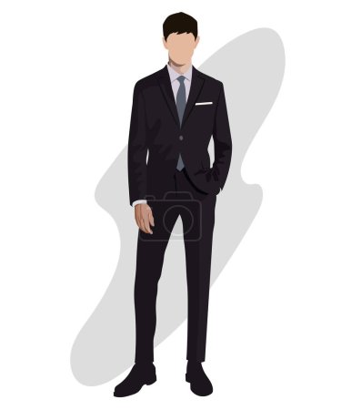 Elegante hombre de negocios masculino en un traje de negocios en un fondo interesante personajes masculinos de dibujos animados. Hombres con ropa de moda. Ilustración de vector de estilo plano.