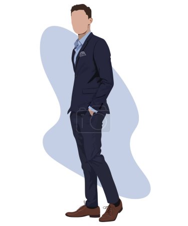 Elegante hombre de negocios masculino en un traje de negocios en un fondo interesante personajes masculinos de dibujos animados. Hombres con ropa de moda. Ilustración de vector de estilo plano.