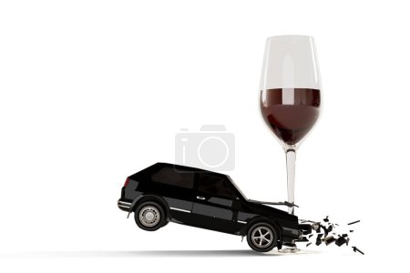 Téléchargez les photos : Concept de conduite en état d'ivresse, illustration créative. La voiture heurte un verre de vin. Illustration 3D. - en image libre de droit