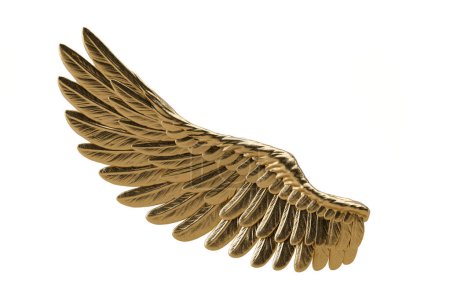Ein goldener Flügel auf weißem Hintergrund, 3D-Renderer. 3D-Illustration.