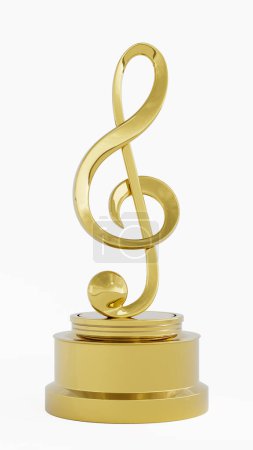 eine goldene musikalische Note auf einem Sockel auf weißem Hintergrund, Auszeichnung, digitale Wiedergabe, 3D-Illustration.