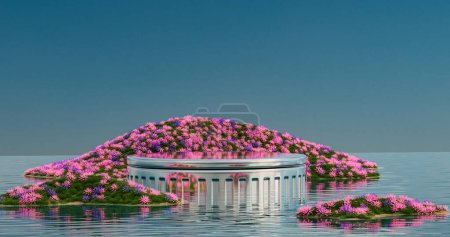 Téléchargez les photos : Un stand dans les fleurs du lac et l'île rendu 3D - en image libre de droit