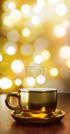 Photo for Gold coffee cup on wooden board.3D illustration. - Royalty Free Image