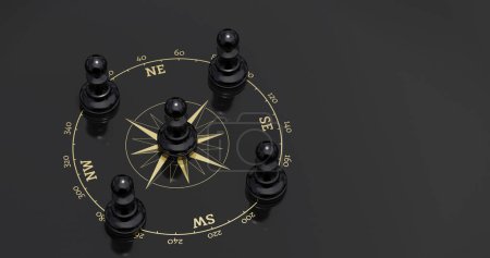 Geschäftskonzept Schach auf Kompass-Hintergrund. 3D-Illustration.
