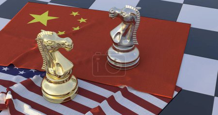 Téléchargez les photos : Deux pièces d'échecs de chevalier debout sur le drapeau américain et le drapeau de Chine - en image libre de droit