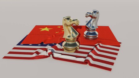 Téléchargez les photos : Deux pièces d'échecs de chevalier debout sur le drapeau américain et le drapeau de Chine - en image libre de droit