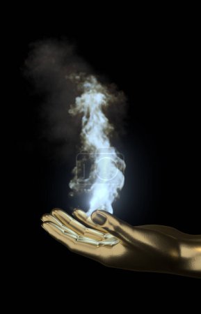 Goldene Hände mit Feuer auf schwarzem Hintergrund. 3D-Illustration.