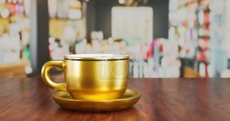 Photo for Gold coffee cup on wooden board.3D illustration. - Royalty Free Image