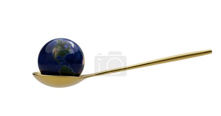 Goldgeschirr und Globus isoliert auf weißem Hintergrund. 3D-Illustration.