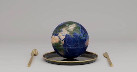 Goldgeschirr und Globus isoliert auf weißem Hintergrund. 3D-Illustration.