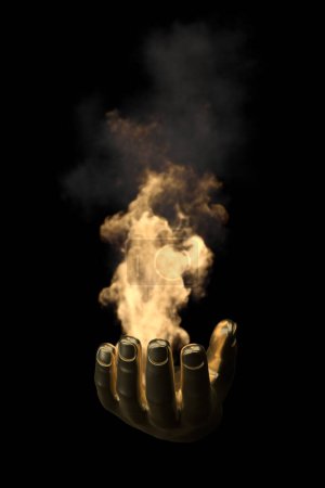 Goldene Hände mit Feuer auf schwarzem Hintergrund. 3D-Illustration.