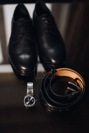 Photo for Man s shoes and a mans accessories on a wooden background. High quality photo - Royalty Free Image