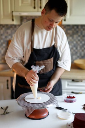 Photo for Cake as a Work of Art: Pastry Chef Embodies Ideas in Decor Unmatched Taste and Design: How a Pastry Chef Prepares a Cake. High quality photo - Royalty Free Image