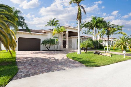 entrance, garage, luxury mansion, palms, blue sky