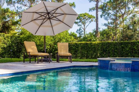 point of view of pool with spa, sun loungers with umbrella, privet fern, trees, short grass