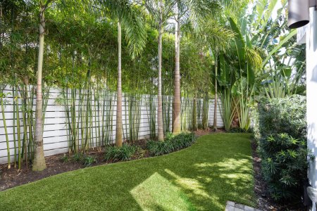 Téléchargez les photos : Jardin moderne avec passerelle en bois dans la cour arrière - en image libre de droit
