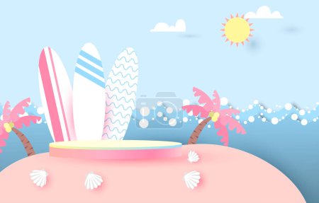 Illustration for Podium for placing products blue background. decoration, Podium, surfboard, sky. - Royalty Free Image