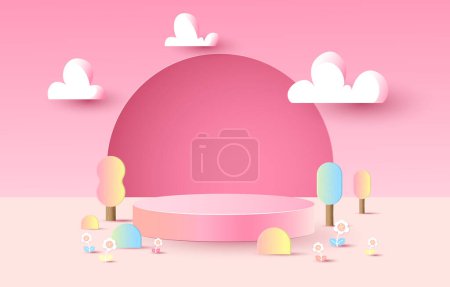 Illustration for Pink stage on cloud rendering background. clouds, podium, tree, flower.paper cut and craft style. - Royalty Free Image