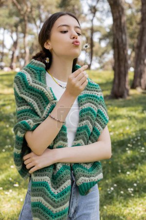 Jeune femme avec pull tricoté sur les épaules soufflant sur la marguerite dans le parc d'été 
