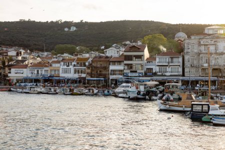 verschiedene Yachten und Häuser in der Nähe von Ufern der Prinzessinneninseln in der Türkei  
