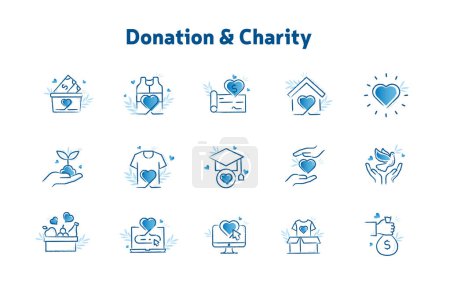 Illustration for Charity and Donations Icon Set, Giving and Philanthropy, Non-Profit, and Charity Icon Collection, Humanitarian Aid Icon Pack, Charitable Giving and Fundraising, vector line icons with editable stroke. - Royalty Free Image