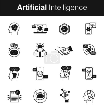 Téléchargez les illustrations : Ensemble d'icônes d'intelligence artificielle - Icônes d'IA - Ensemble de symboles d'IA - Icônes de machines intelligentes. Icônes de ligne vectorielle d'AVC modifiables. - en licence libre de droit