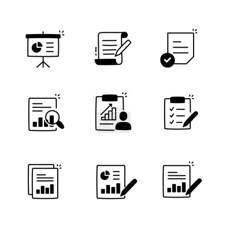 Illustration for Executive Summary Report. Key Findings and Insights. Management Summary. Concise Business Overview. Black and White Editable Stroke Vector Icons. - Royalty Free Image