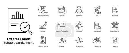 Illustration for External Audit Vector Icons. Audit report vector icons, Compliance audit vector icons. Financial audit vector icons. Audit checklist vector icons. Assurance icons. Audit symbol icons. Editable Stroke. - Royalty Free Image