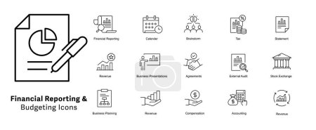 Set de Iconos de Información Financiera y Presupuesto. comunicación financiera, divulgación financiera, estados financieros. Iconos de línea de vectores perfectos de píxeles con trazo editable.