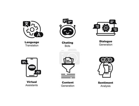Illustration for GPT applications concept with icons. Dialogue Generation, Sentiment Analysis, Content Generation, Language Translation, Virtual assistants, Vector solid or glyph style icons. - Royalty Free Image