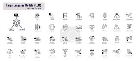 Language Model Concepts Line Icon Set: AI, NLP, Machine Learning. Editable Stroke Icons.