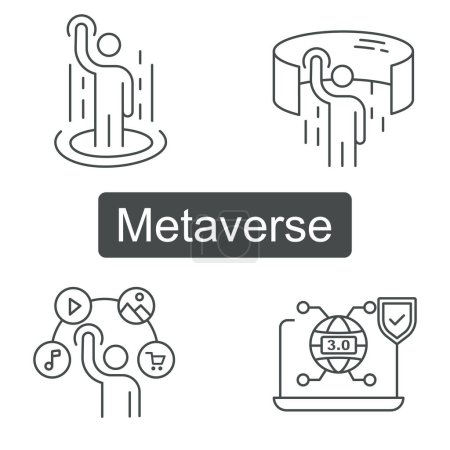 Téléchargez les illustrations : Icône Metaverse - Symbole Metaverse - Icône de réalité virtuelle - Icône de réalité augmentée - Icône de technologie future - Icône Web 3.0 - Icône Blockchain - Icône Crypto-monnaie - Icône de technologie décentralisée. - en licence libre de droit