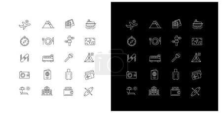 Travel essentials icons. Travel itinerary. Vacation line icons. Tourism vector illustrations. Adventure outline icons. Editable Stroke.