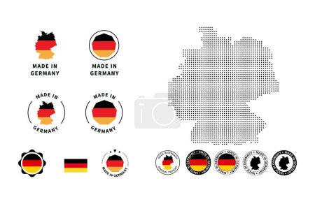 Téléchargez les illustrations : Fabriqué en Allemagne. Allemagne carte points design, grand ensemble d'étiquette, autocollants, pointeurs, badges, symbole, s et page curl avec l'icône du drapeau allemand sur l'élément design. - en licence libre de droit