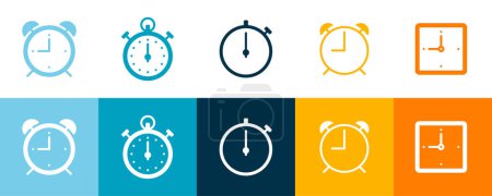 Illustration for Clock icon set, timepiece concepts, time management, scheduling, analog clocks, digital clocks, timekeeping icons, clockface variations, time measurement, time is ticking, clock graphics, clockwork precision, time tools, hourglass icons, stopwatch sy - Royalty Free Image