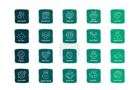Illustration for Discover a collection of icons representing ethical and sustainable business practices. From fair trade and eco-friendliness to supporting local artisans and small businesses, these symbols embody responsible consumer choices. - Royalty Free Image