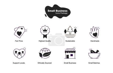 Ilustración de Descubra una colección de iconos que representan a las pequeñas empresas éticas, priorizando la sostenibilidad, la calidad y el apoyo comunitario. - Imagen libre de derechos