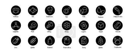 Illustration for Comprehensive Food Allergen Icons. Create inclusive menus and packaging with our comprehensive food allergen icons, covering gluten, dairy, nuts, and more. - Royalty Free Image