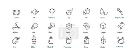 Ilustración de Iconos de alérgenos para etiquetas de alimentos. Mejore el empaquetado de alimentos con iconos de alérgenos, incluyendo gluten, cacahuetes, lácteos y más, para obtener información clara sobre alergias. - Imagen libre de derechos