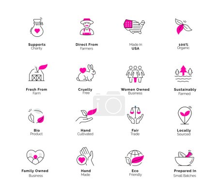 Illustration for Find icons for products that are good for you and the planet, made ethically and locally with sustainable practices. Icons for Ethically Sourced, Locally Made, and Sustainable Products. - Royalty Free Image