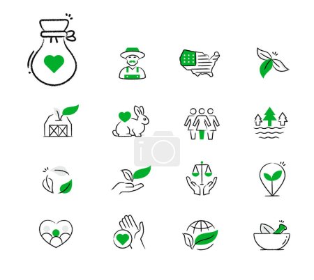 Ilustración de Iconos para consumidores conscientes. iconos que le ayudan a identificar productos sostenibles, éticos y de fabricación local. - Imagen libre de derechos