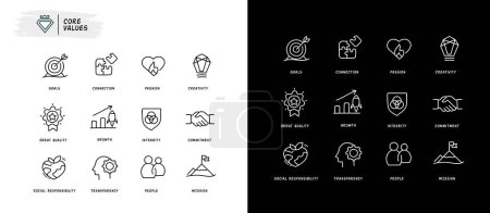 Téléchargez les illustrations : Un ensemble complet d'icônes représentant les valeurs, la culture, la mission et les principes fondamentaux de l'entreprise. Idéal pour transmettre visuellement votre éthique d'entreprise. - en licence libre de droit