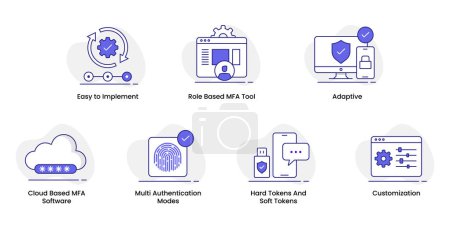 Téléchargez les illustrations : Les icônes d'authentification multifactorielle (AMF) représentent une approche sécurisée du contrôle d'accès, assurant la protection des données grâce à plusieurs niveaux de vérification.. - en licence libre de droit