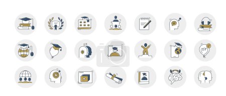 Ilustración de Iconos de aprendizaje en línea dibujados a mano personalizados. Los iconos cubren varios temas relacionados con la educación en línea, incluyendo elearning, educación a distancia, aulas virtuales, y sistemas de gestión de aprendizaje. - Imagen libre de derechos