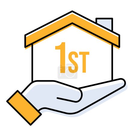 Illustration for This illustration features a hand holding a house with the number '1st' written inside, symbolizing the achievement of first-time home ownership, a significant life milestone. - Royalty Free Image