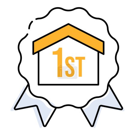 Illustration for This badge features a house with  1st inscribed on it, representing the accomplishment of first time home ownership, a noteworthy milestone in one's journey. - Royalty Free Image